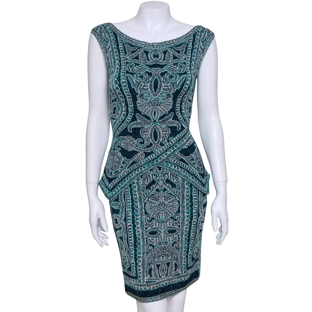 Herve Leger Staci Bohemian Floral Jacquard Peplum Dress XS Peacock Combo